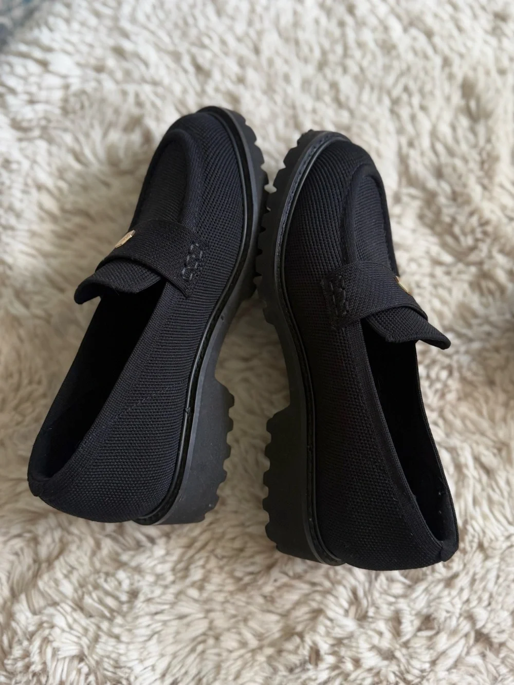 Black Women's Chunky Loafers - Textured Slip-On Flats